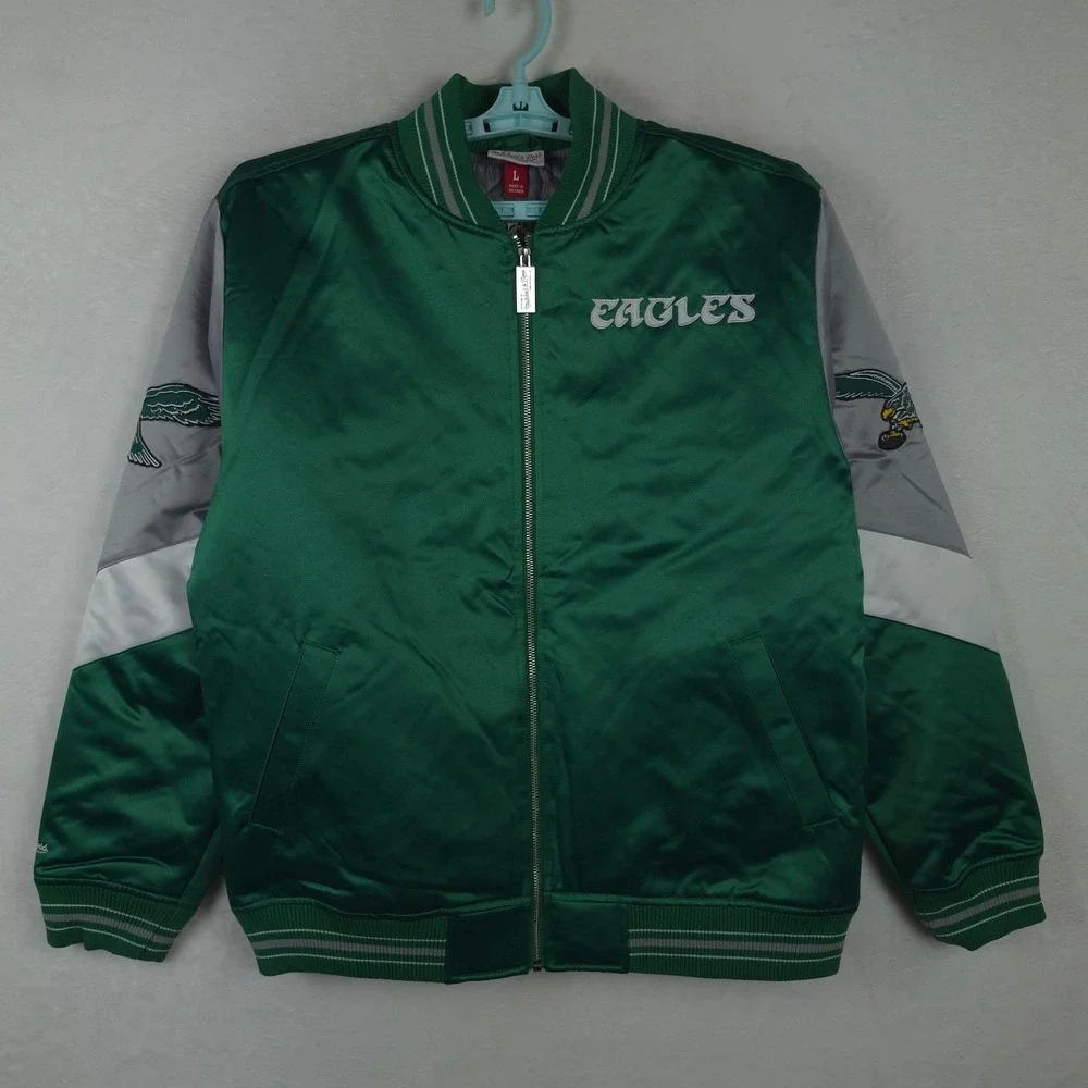 Philadelphia Eagles Mitchell & Ness NFL Large Satin Jacket Green Gray NWT